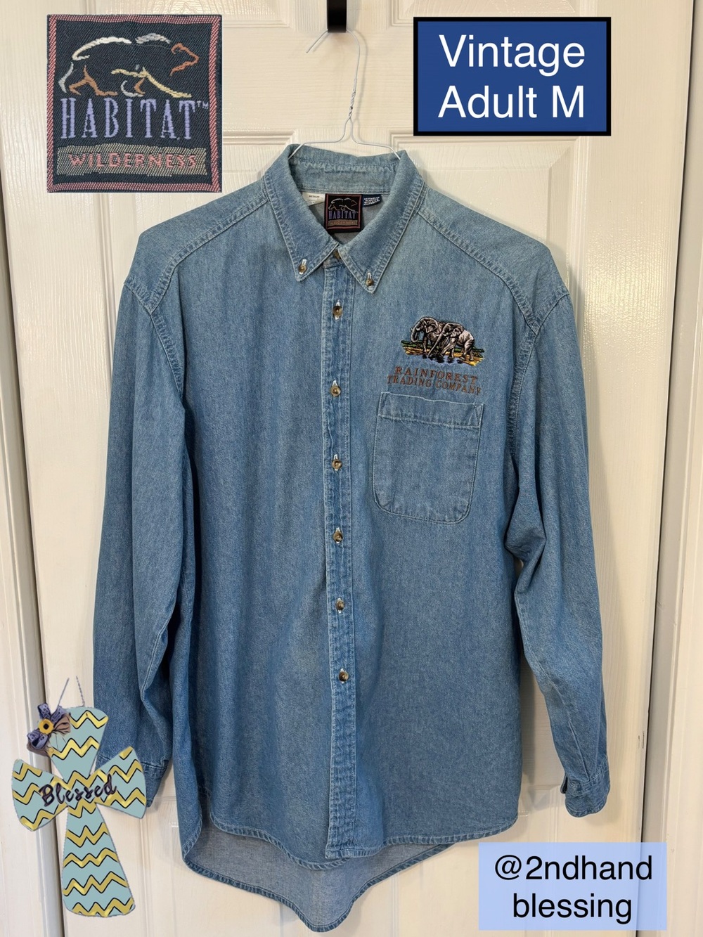 Vintage Habitat XCVII Elephant Denim Button-Down Shirt, Sz Med, Light Blue, 1997